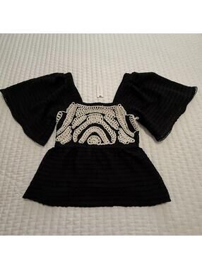 Sarah Hann Anthropologie Flutter Sleeve Crochet Black Blouse Top XS Boho NWT